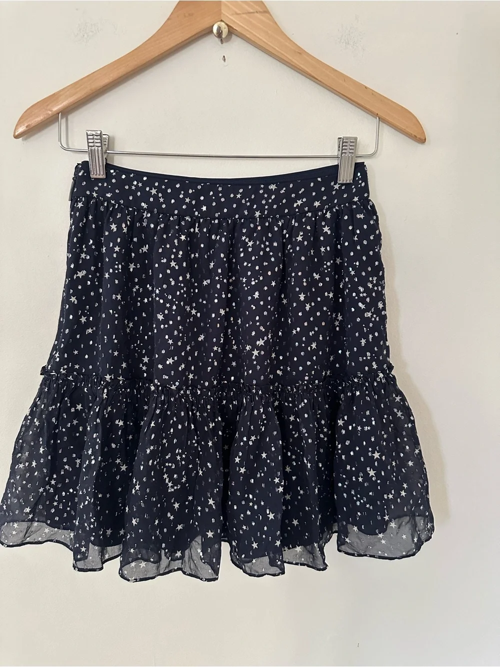 Kate Spade Wmn Night Sky Lurex Dot Stars Navy Silver Ruffle Silk Skirt Sz 0